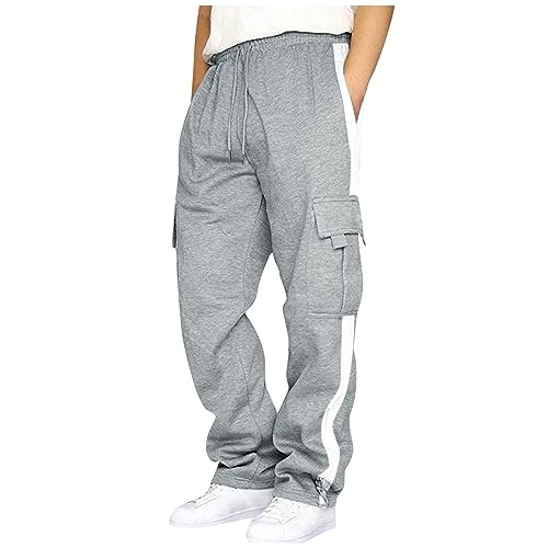 SOOUICKER Graue Jogginghose Herren Gym Trainingshose Herren Streifen Ohne Bündchen Sporthose Herren Weit Freizeithose Herren Weites Bein Cargo Jogginghose Herren Baggy mit Seitentaschen von SOOUICKER