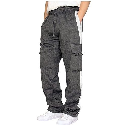 SOOUICKER Graue Jogginghose Herren Gym Trainingshose Herren Streifen Ohne Bündchen Sporthose Herren Weit Freizeithose Herren Weites Bein Cargo Jogginghose Herren Baggy mit Seitentaschen von SOOUICKER