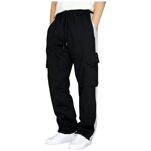 SOOUICKER Graue Jogginghose Herren Gym Trainingshose Herren Streifen Ohne Bündchen Sporthose Herren Weit Freizeithose Herren Weites Bein Cargo Jogginghose Herren Baggy mit Seitentaschen von SOOUICKER