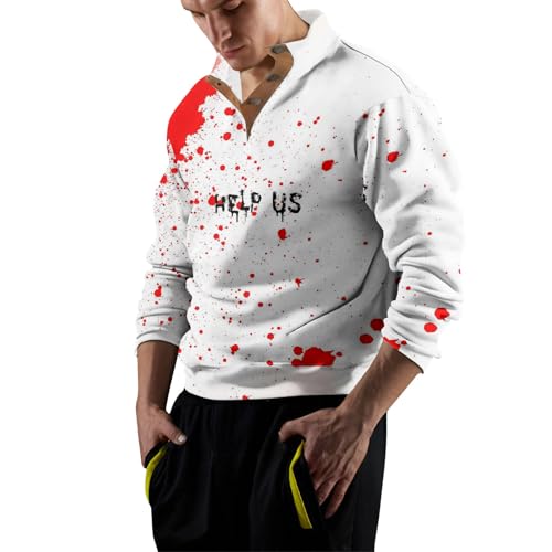 SOOUICKER Halloween Pullover Herren Kragen Sweatshirt Herren mit Motiv Ohne Kapuze Winter Langarmshirt Herren mit Kragen Sweatshirt Herren Stehkragen Pullover Herren Knopfleiste Print von SOOUICKER