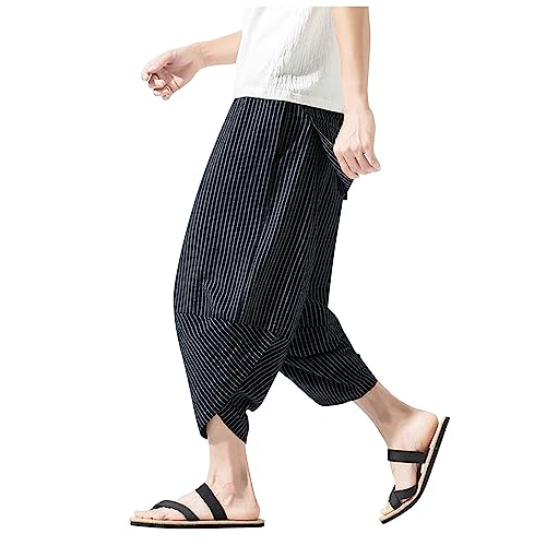 SOOUICKER Haremshose Herren 3/4 Leinenhose Herren Harem Haremshose Herren Leinen Kurz Jogginghose Herren Halblang Oversize Haremshose Herren Gestreift Japanisch Aladinhose Herren 3/4 von SOOUICKER