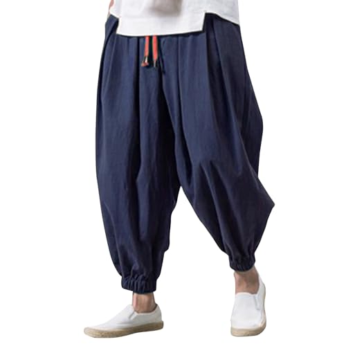 SOOUICKER Haremshose Herren Leinen Japanisch Jogginghose Herren 7/8 Lang Leinenhose Herren Harem Haremshose Herren Baggy Jogginghose Herren Sommer Vintage Freizeithose Herren mit Bündchen von SOOUICKER