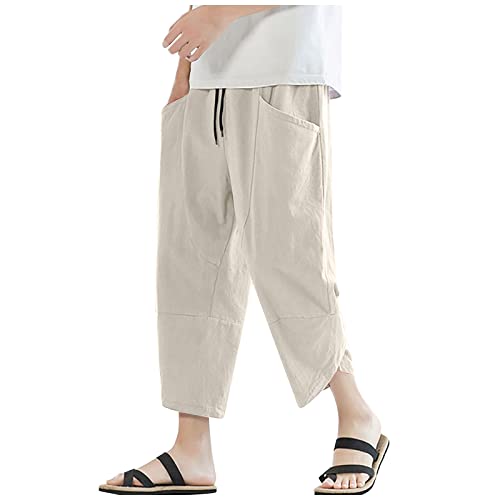 SOOUICKER Haremshose Herren Leinen Japanisch Leinenhose Herren Weit 3/4 Jogginghose Herren Ohne Bündchen Sommerhose Herren Leicht 3/4 Freizeithose Herren Leinen 7/8 Hosen Herren Sommer von SOOUICKER