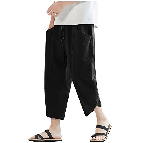 SOOUICKER Haremshose Herren Leinen Japanisch Leinenhose Herren Weit 3/4 Jogginghose Herren Ohne Bündchen Sommerhose Herren Leicht 3/4 Freizeithose Herren Leinen 7/8 Hosen Herren Sommer von SOOUICKER