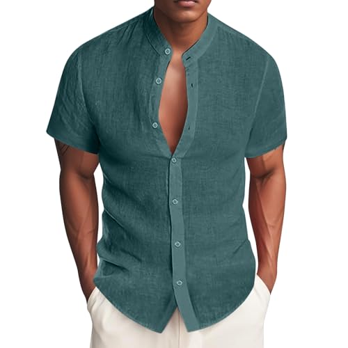 SOOUICKER Hemd Ohne Kragen Herren Kurzarm Freizeithemden Sommer Stehkragen Kurzarmhemd Freizeit Vintage Sommerhemd Leicht Strandhemd Slim Fit von SOOUICKER