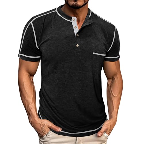 SOOUICKER Henley Shirt Herren Kurzarm Rip Slim Fit Poloshirt Ohne Kragen Elegant Polohemd mit Brusttasche Sport Tshirt Knopfleiste Zweifarbig von SOOUICKER
