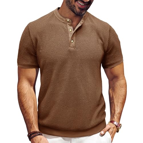 SOOUICKER Henley Shirt Herren Kurzarm Vintage Große Größen Strick Poloshirt Ohne Kragen Polohemd Elegant mit Bund Henley Tshirt Knopfleiste Oversize von SOOUICKER
