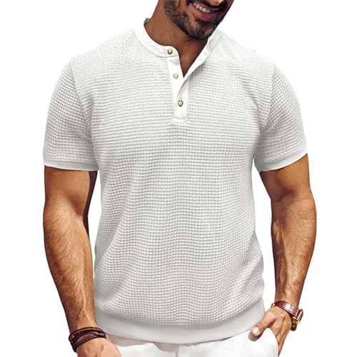 SOOUICKER Henley Shirt Herren Kurzarm Vintage Große Größen Strick Poloshirt Ohne Kragen Polohemd Elegant mit Bund Henley Tshirt Knopfleiste Oversize von SOOUICKER