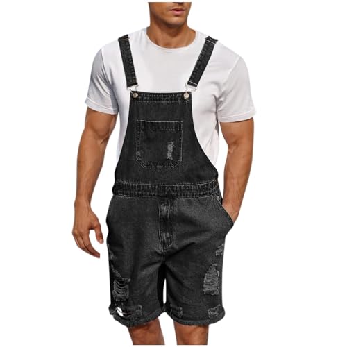 SOOUICKER Jeans Latzhose Herren Kurz 90er Arbeitslatzhose Herren Jeans Sommer Destroyed Latzhose Stretch Denim Vintage Kurze Hosen Latz mit Löcher Modern Freizeit von SOOUICKER