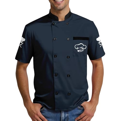 SOOUICKER Kochjacke Herren Kurzarm Sommer Muster Bäckerjacke Damen Knöpfe Kochhemd Unisex Stehkragen Kochkleidung mit Motiv Professional Chef Uniform von SOOUICKER
