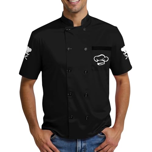 SOOUICKER Kochjacke Herren Kurzarm Sommer Muster Bäckerjacke Damen Knöpfe Kochhemd Unisex Stehkragen Kochkleidung mit Motiv Professional Chef Uniform von SOOUICKER