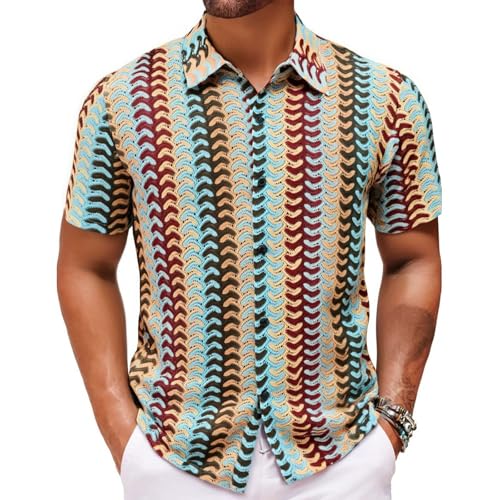 SOOUICKER Kurzarmhemd Herren Strick Bunt Hemd Herren Kurzarm Boho Sommerhemd Vintage Oversized Freizeithemd Muster Sommer Herrenhemd Casual Hemd Hippie Urlaub von SOOUICKER