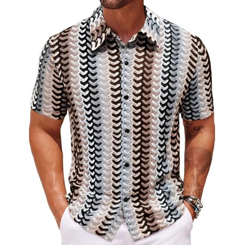 SOOUICKER Kurzarmhemd Herren Strick Bunt Hemd Herren Kurzarm Boho Sommerhemd Vintage Oversized Freizeithemd Muster Sommer Herrenhemd Casual Hemd Hippie Urlaub von SOOUICKER