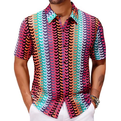 SOOUICKER Kurzarmhemd Herren Strick Bunt Hemd Herren Kurzarm Boho Sommerhemd Vintage Oversized Freizeithemd Muster Sommer Herrenhemd Casual Hemd Hippie Urlaub von SOOUICKER