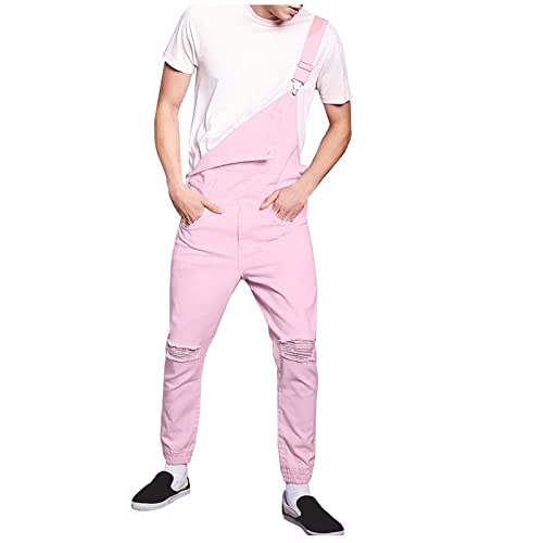 SOOUICKER Latzhose Jeans Herren Slim Fit Latzhose Herren Denim Pink Latzhose Herren Modern Jeans Overall Herren Rosa Skinny Jeans Herren Destroyed Latzhose Herren Freizeit Mode von SOOUICKER