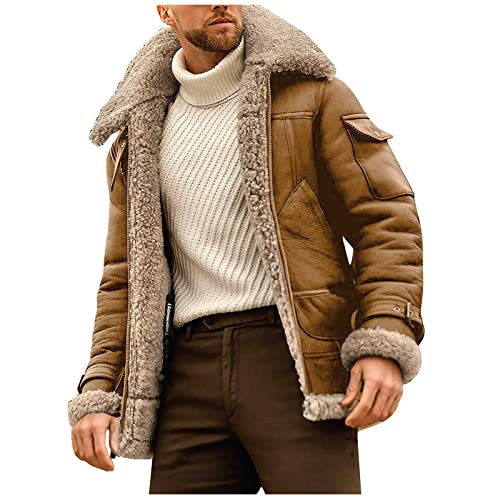 SOOUICKER Herren Winterjacke Braun L Langarm Gefüttert Fleece Innenfell Wildleder Fellkragen Casual Outdoor Jagen Sport Business Arbeit Casual von SOOUICKER