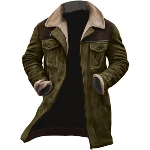 SOOUICKER Ledermantel Herren Lang Gefüttert Wintermantel Leder Fell Lederjacke Winter Lang Teddyfell Mantel Fellkragen Wildleder Mantel Vintage Trenchcoat Warm Outdoor von SOOUICKER