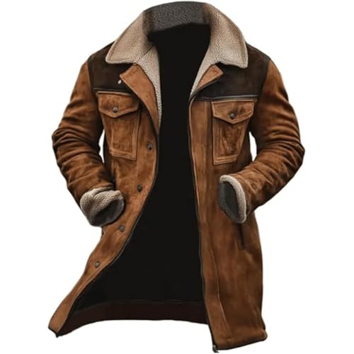 SOOUICKER Ledermantel Herren Lang Gefüttert Wintermantel Leder Fell Lederjacke Winter Lang Teddyfell Mantel Fellkragen Wildleder Mantel Vintage Trenchcoat Warm Outdoor von SOOUICKER