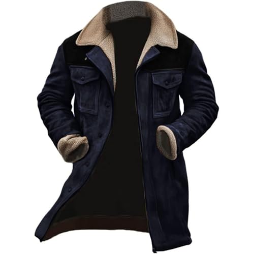 SOOUICKER Ledermantel Herren Lang Gefüttert Wintermantel Leder Fell Lederjacke Winter Lang Teddyfell Mantel Fellkragen Wildleder Mantel Vintage Trenchcoat Warm Outdoor von SOOUICKER