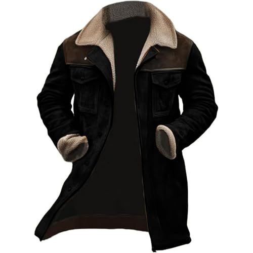 SOOUICKER Ledermantel Herren Lang Gefüttert Wintermantel Leder Fell Lederjacke Winter Lang Teddyfell Mantel Fellkragen Wildleder Mantel Vintage Trenchcoat Warm Outdoor von SOOUICKER
