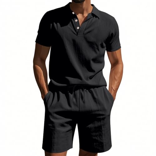 SOOUICKER Leinen Anzug Herren Sommer Leicht Kurz Sommerhemd Herren Set Leinenhemd Oversize Kurzarmhemd Strand Zweiteiler Leinen Freizeitanzug von SOOUICKER