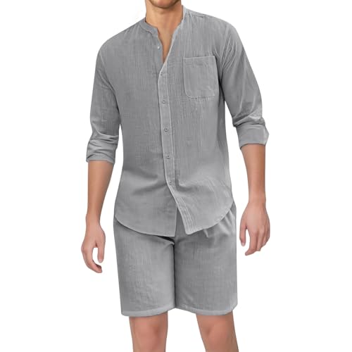 SOOUICKER Leinen Anzug Herren Sommer Leicht Kurz Sommerhemd Herren Set Leinenhemd Oversize Kurzarmhemd Strand Zweiteiler Leinen Freizeitanzug von SOOUICKER