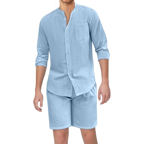 SOOUICKER Leinen Anzug Herren Sommer Leicht Kurz Sommerhemd Herren Set Leinenhemd Oversize Kurzarmhemd Strand Zweiteiler Leinen Freizeitanzug von SOOUICKER