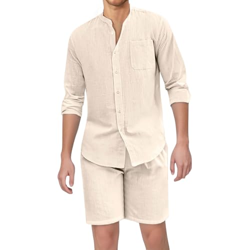 SOOUICKER Leinen Anzug Herren Sommer Leicht Kurz Sommerhemd Herren Set Leinenhemd Oversize Kurzarmhemd Strand Zweiteiler Leinen Freizeitanzug von SOOUICKER