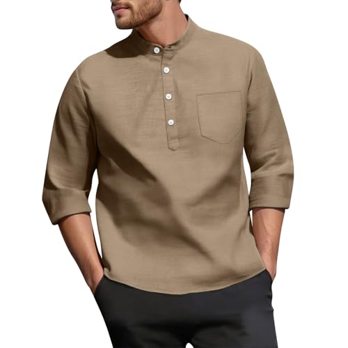 SOOUICKER Leinenhemd Herren 3/4 Arm Comfort Fit Sommerhemd Ohne Kragen Leicht Freizeithemd Leinen Stehkragen Hemd Vintage Elegant Business Casual von SOOUICKER