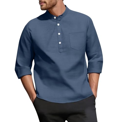 SOOUICKER Leinenhemd Herren 3/4 Arm Comfort Fit Sommerhemd Ohne Kragen Leicht Freizeithemd Leinen Stehkragen Hemd Vintage Elegant Business Casual von SOOUICKER