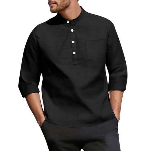 SOOUICKER Leinenhemd Herren 3/4 Arm Comfort Fit Sommerhemd Ohne Kragen Leicht Freizeithemd Leinen Stehkragen Hemd Vintage Elegant Business Casual von SOOUICKER