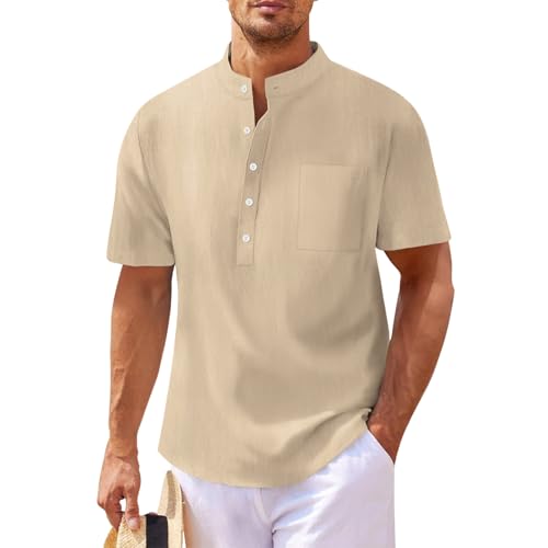 SOOUICKER Leinenhemd Herren Kurzarm Stehkragen Comfort Fit Freizeithemden Sommer Ohne Kragen Kurzarmhemd Leinen Sommerhemd Leicht Hemd Freizeit Vintage Strandhemd von SOOUICKER