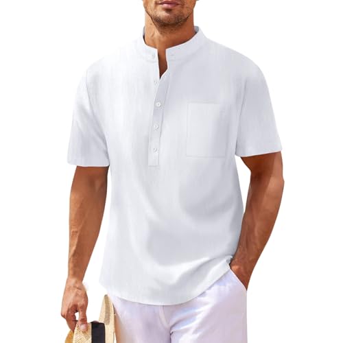 SOOUICKER Leinenhemd Herren Kurzarm Stehkragen Comfort Fit Freizeithemden Sommer Ohne Kragen Kurzarmhemd Leinen Sommerhemd Leicht Hemd Freizeit Vintage Strandhemd von SOOUICKER