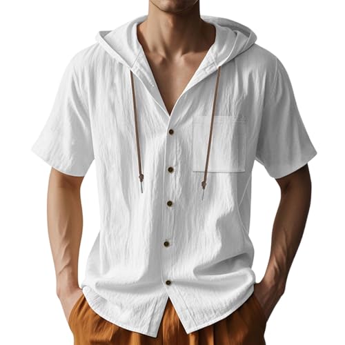 SOOUICKER Leinenhemd Herren Kurzarm mit Kapuze Kurzarmhemd Leinen Vintage Sommerhemd Oversized Freizeithemd Muster Sommer Hoodie Hemd Herren Freizeit Urlaub von SOOUICKER