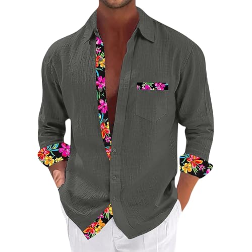 SOOUICKER Leinenhemd Herren Langarm Blumen Hawaii Hemd Männer Leinen Freizeithemden Sommer Bunt Sommerhemd Muster Oversized Herrenhemden Freizeit von SOOUICKER