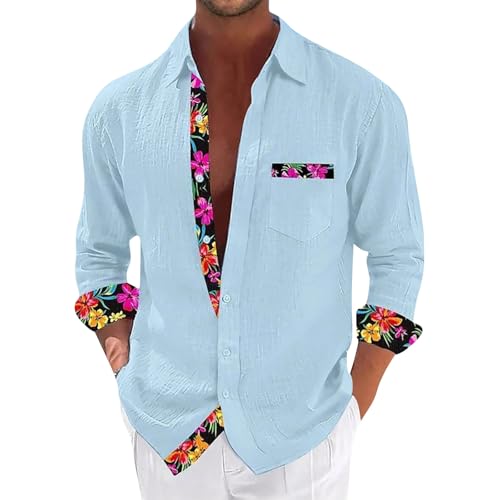 SOOUICKER Leinenhemd Herren Langarm Blumen Hawaii Hemd Männer Leinen Freizeithemden Sommer Bunt Sommerhemd Muster Oversized Herrenhemden Freizeit von SOOUICKER