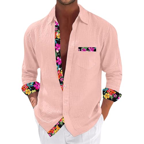 SOOUICKER Leinenhemd Herren Langarm Blumen Hawaii Hemd Männer Leinen Freizeithemden Sommer Bunt Sommerhemd Muster Oversized Herrenhemden Freizeit von SOOUICKER