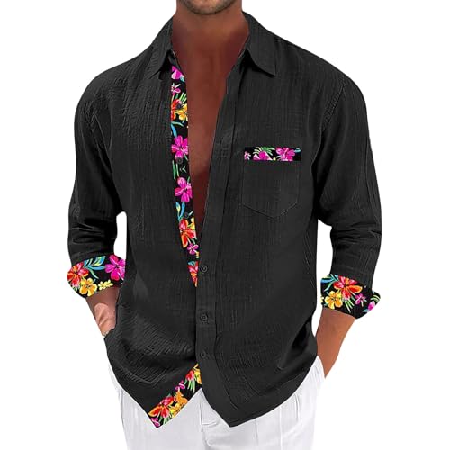 SOOUICKER Leinenhemd Herren Langarm Blumen Hawaii Hemd Männer Leinen Freizeithemden Sommer Bunt Sommerhemd Muster Oversized Herrenhemden Freizeit von SOOUICKER