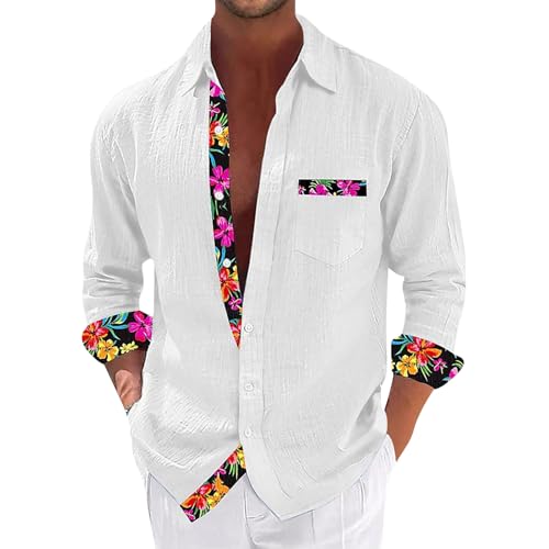 SOOUICKER Leinenhemd Herren Langarm Blumen Hawaii Hemd Männer Leinen Freizeithemden Sommer Bunt Sommerhemd Muster Oversized Herrenhemden Freizeit von SOOUICKER