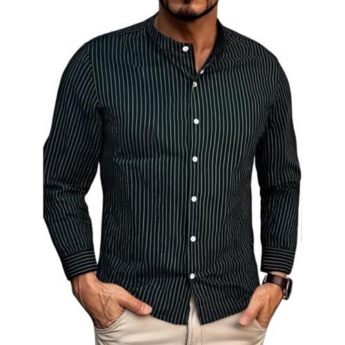SOOUICKER Leinenhemd Herren Langarm Gestreift Freizeithemd Herren Ohne Kragen Business Hemd Leinen Muster Hemd Elegant Regular Fit Herrenhemd Freizeit Vintage von SOOUICKER