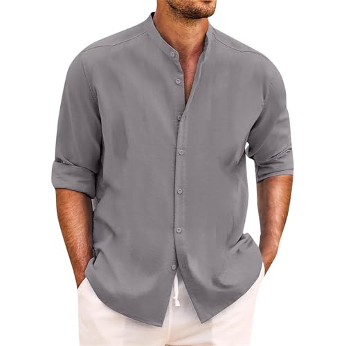 SOOUICKER Leinenhemd Herren Langarm Regular Fit Hemd Leinen Ohne Kragen Freizeithemden Sommer Oversize Sommerhemd Leicht Stehkragen von SOOUICKER