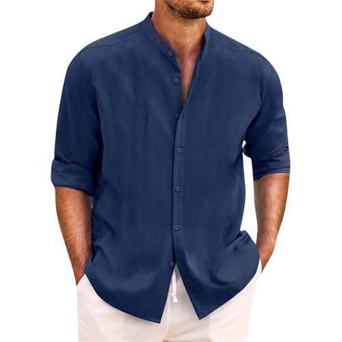 SOOUICKER Leinenhemd Herren Langarm Regular Fit Hemd Leinen Ohne Kragen Freizeithemden Sommer Oversize Sommerhemd Leicht Stehkragen von SOOUICKER