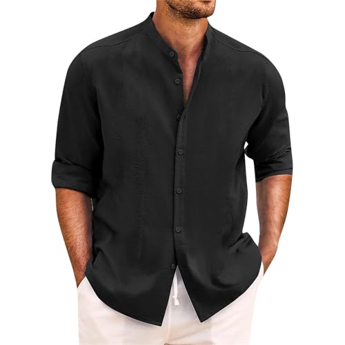SOOUICKER Leinenhemd Herren Langarm Regular Fit Hemd Leinen Ohne Kragen Freizeithemden Sommer Oversize Sommerhemd Leicht Stehkragen von SOOUICKER