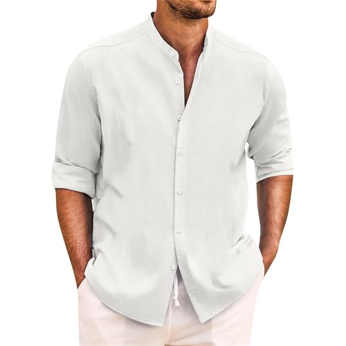 SOOUICKER Leinenhemd Herren Langarm Regular Fit Hemd Leinen Ohne Kragen Freizeithemden Sommer Oversize Sommerhemd Leicht Stehkragen von SOOUICKER