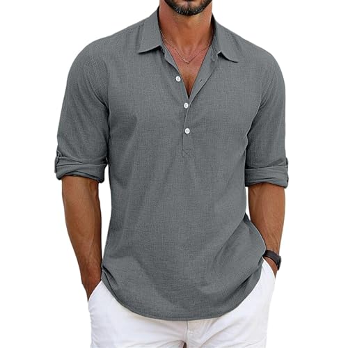 SOOUICKER Leinenhemd Herren Langarm Slim Fit Sommerhemd Herren Leicht Strand Freizeithemd Leinen V Ausschnitt Hemd Sommer Casual Urlaub Strandhemd Leinen von SOOUICKER