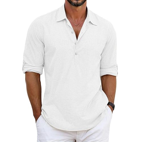 SOOUICKER Leinenhemd Herren Langarm Slim Fit Sommerhemd Herren Leicht Strand Freizeithemd Leinen V Ausschnitt Hemd Sommer Casual Urlaub Strandhemd Leinen von SOOUICKER