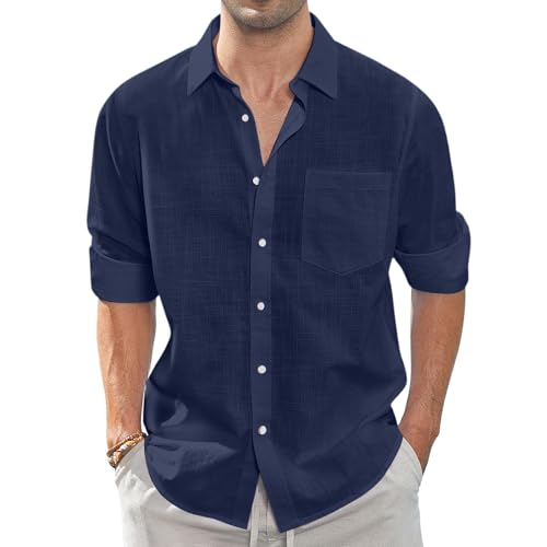 SOOUICKER Leinenhemd Herren Langarm Slim Fit Sommerhemd Herren Leicht mit Brusttasche Freizeithemd Leinen Comfort Fit Hemd Sommer Elegant Herrenhemden Freizeit Strandhemd Leinen von SOOUICKER