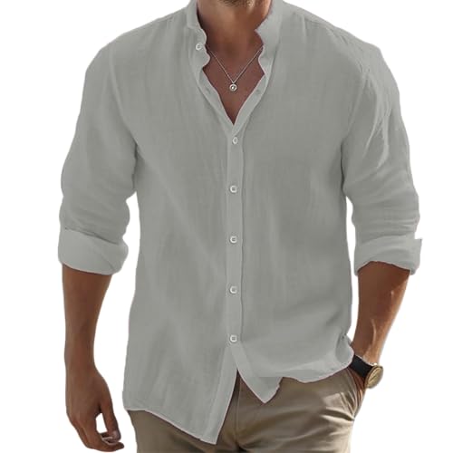 SOOUICKER Leinenhemd Herren Langarm Sommer Oversize Freizeithemden für Herren Leinen Sommerhemd Leicht Stehkragen Hemd Vintage Freizeit Einfarbig von SOOUICKER