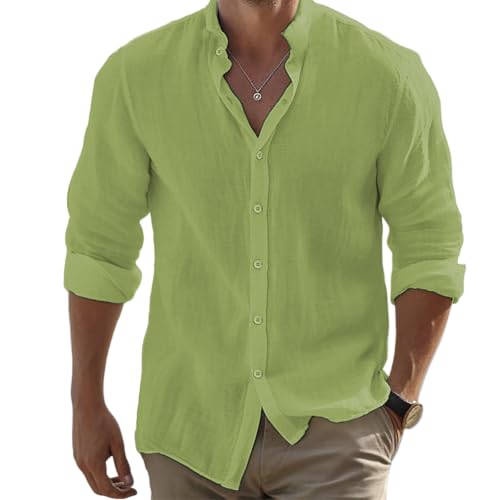 SOOUICKER Leinenhemd Herren Langarm Sommer Oversize Freizeithemden für Herren Leinen Sommerhemd Leicht Stehkragen Hemd Vintage Freizeit Einfarbig von SOOUICKER