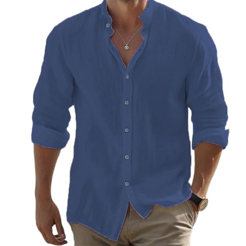 SOOUICKER Leinenhemd Herren Langarm Sommer Oversize Freizeithemden für Herren Leinen Sommerhemd Leicht Stehkragen Hemd Vintage Freizeit Einfarbig von SOOUICKER